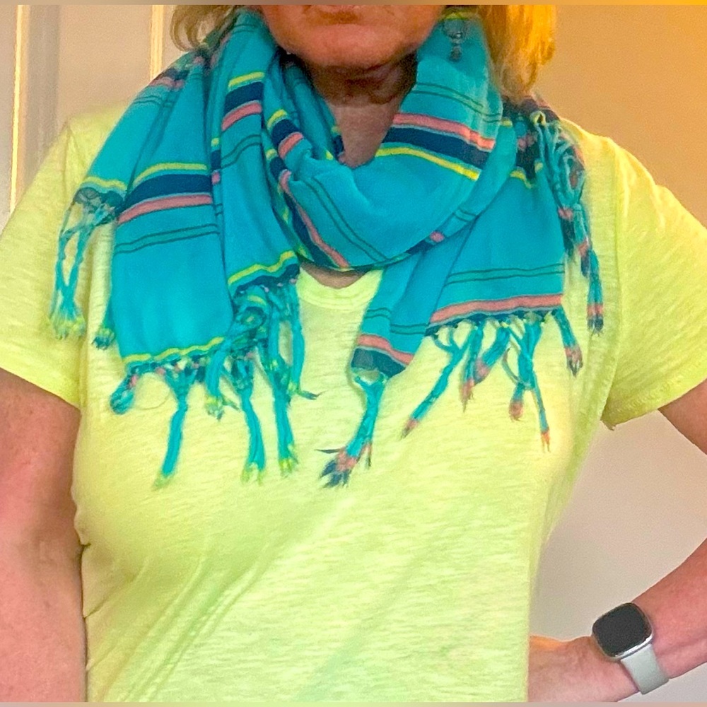 Long fashion striped scarf with fringe - teal, navy, yellow, salmon, green - Picture 7 of 11